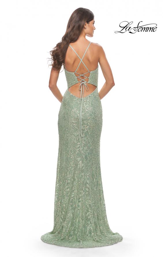 Picture of: Beaded Lace Gown with High Slit and V Neck in Sage, Style: 31388, Detail Picture 3