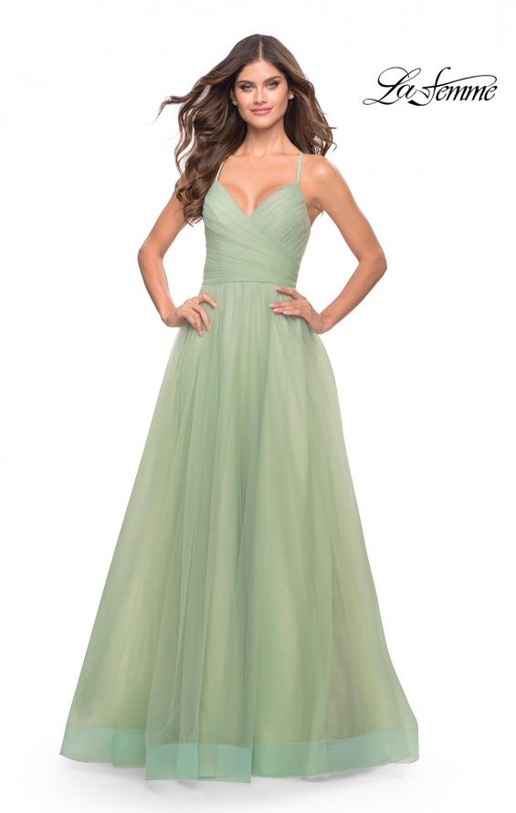 Picture of: Long Tulle A-line Gown with Side Slit and Pockets in Sage, Style: 31501, Detail Picture 3