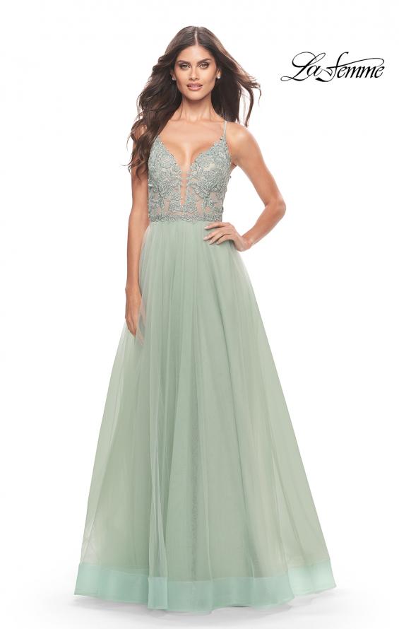 Picture of: Tulle Gown with Sheer Lace Bodice in Sage, Style: 31542, Detail Picture 3