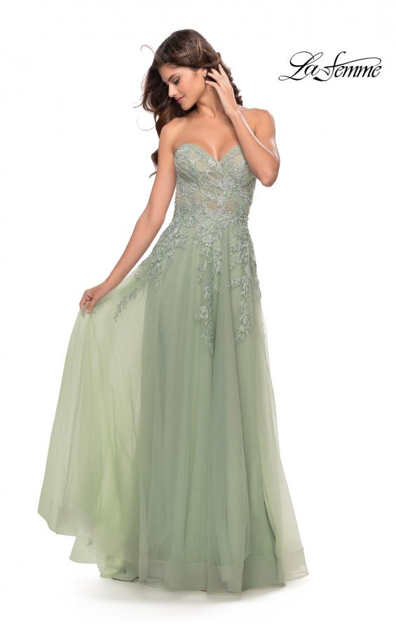 Picture of: Sweetheart Tulle Strapless Gown with Lace Applique in Sage, Style: 31363, Detail Picture 4