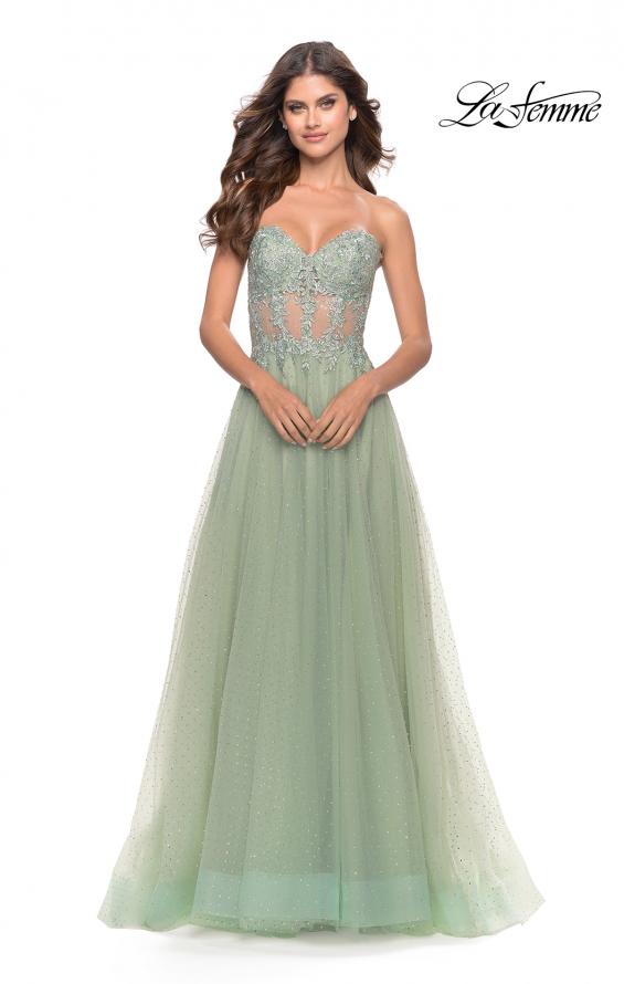 Picture of: Rhinestone Tulle Gown with Sheer Lace Bodice in Sage, Style: 31367, Detail Picture 4
