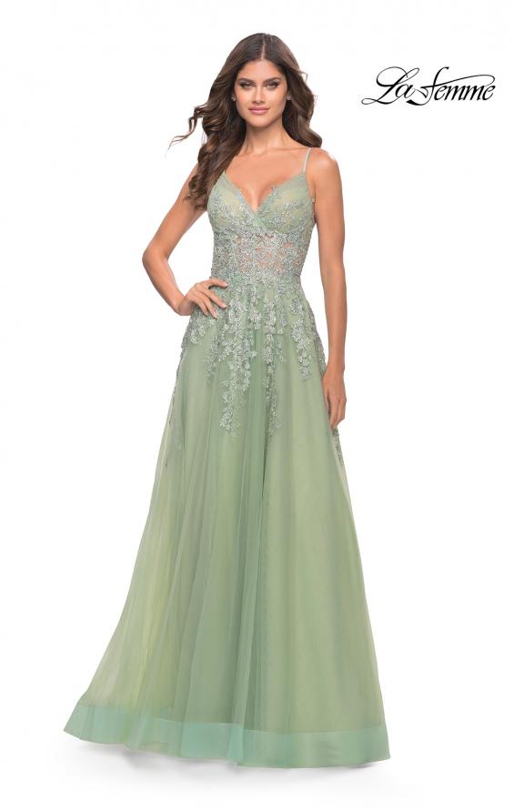 Picture of: Tulle A-Line Gown with Pretty Lace Applique Details in Sage, Style: 31393, Detail Picture 4