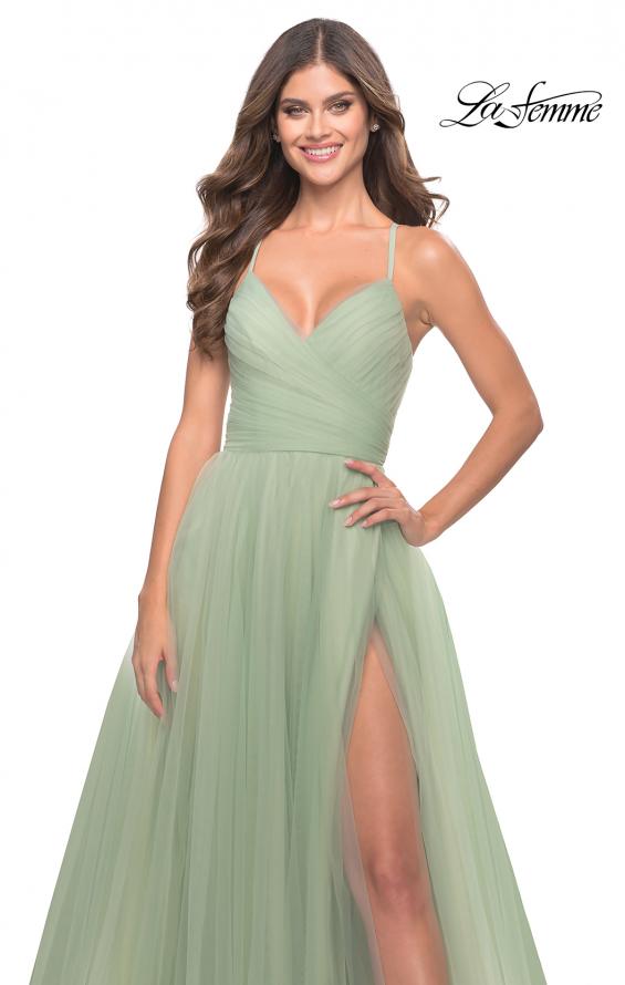 Picture of: Long Tulle A-line Gown with Side Slit and Pockets in Sage, Style: 31501, Detail Picture 4