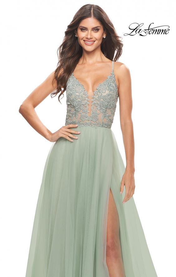 Picture of: Tulle Gown with Sheer Lace Bodice in Sage, Style: 31542, Detail Picture 4