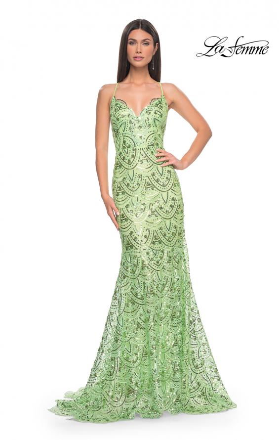 Picture of: Print Sequin Mermaid Dress with Lace Up Back in Sage, Style: 31865, Detail Picture 4