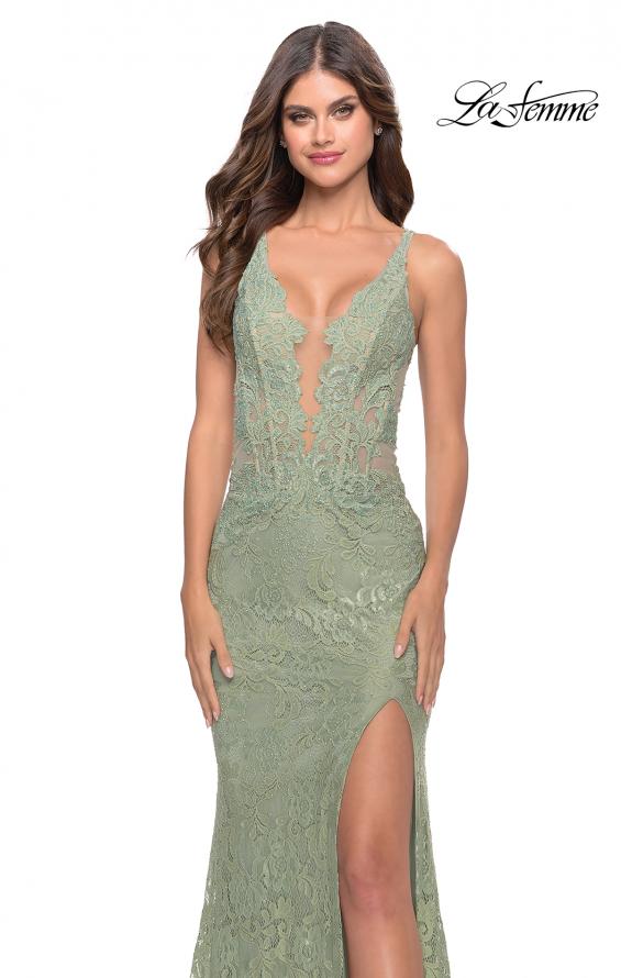 Picture of: Fitted Stretch Lace Gown with Deep V and Beading in Sage, Style: 29977, Detail Picture 5