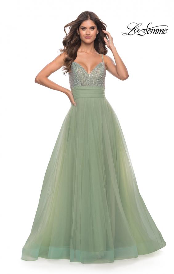 Picture of: Tulle Gown with Full Skirt and Rhinestone Bodice in Sage, Style: 31238, Detail Picture 5
