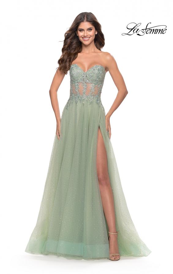 Picture of: Rhinestone Tulle Gown with Sheer Lace Bodice in Sage, Style: 31367, Detail Picture 5