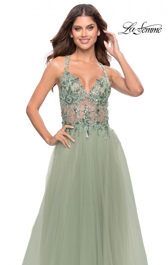 Picture of: Tulle A-Line Gown with Sheer Bodice and Beaded Lace Detail in Sage, Style: 31369, Detail Picture 5