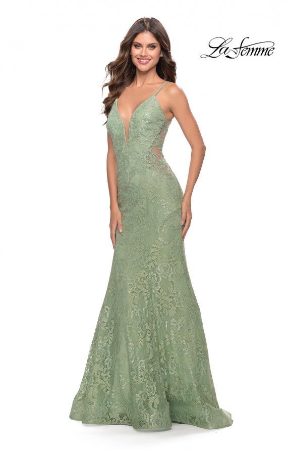Picture of: Long Mermaid Lace Dress with Back Rhinestone Detail in Sage, Style: 31512, Detail Picture 5