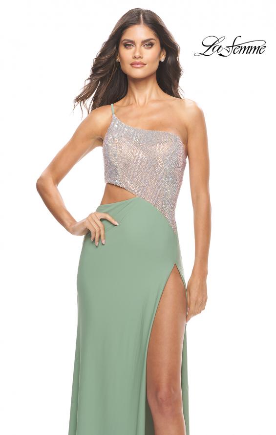 Picture of: One Shoulder Dress with Side Cut Out and Rhinestone Bodice in Sage, Style: 31600, Detail Picture 5