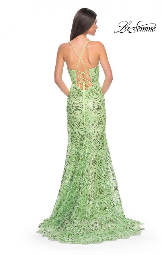 Picture of: Print Sequin Mermaid Dress with Lace Up Back in Sage, Style: 31865, Detail Picture 5