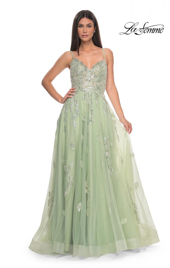 Picture of: Two Tone Tulle A-Line Prom Dress with Floral Beaded Detail in Sage, Style: 32090, Detail Picture 5