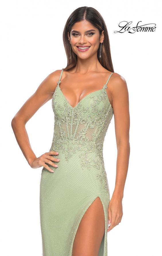 Picture of: Gorgeous Rhinestone Fishnet Gown with Lace Embellishments in Sage, Style: 32292, Detail Picture 5