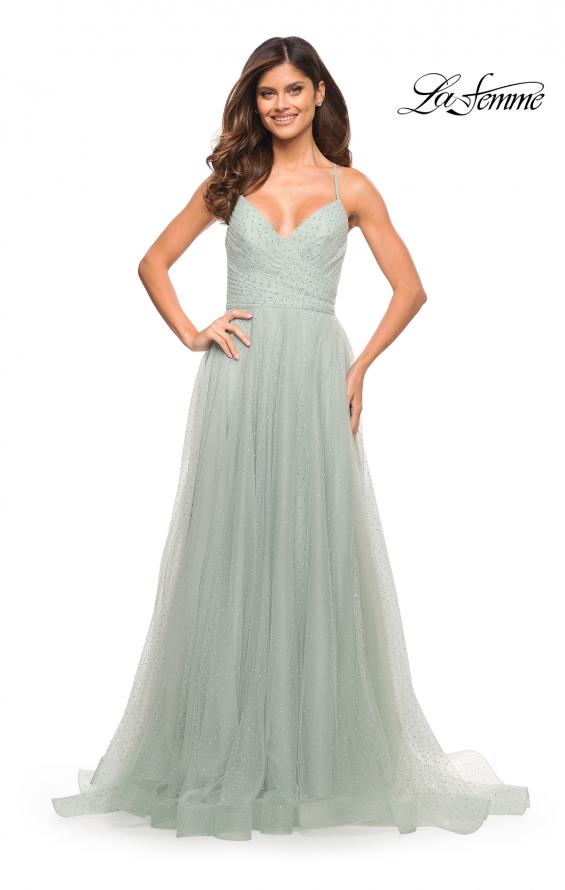 Picture of: Rhinestone Tulle Ballgown with Slit and Lace Up Back in Sage, Style: 30536, Detail Picture 6