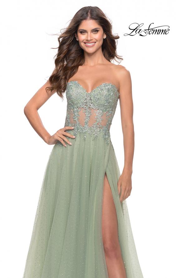 Picture of: Rhinestone Tulle Gown with Sheer Lace Bodice in Sage, Style: 31367, Detail Picture 6