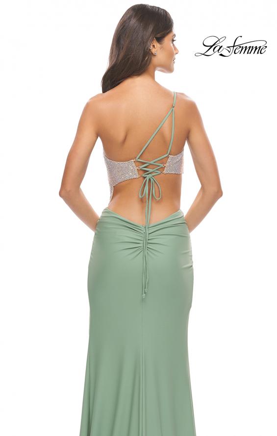 Picture of: One Shoulder Dress with Side Cut Out and Rhinestone Bodice in Sage, Style: 31600, Detail Picture 6