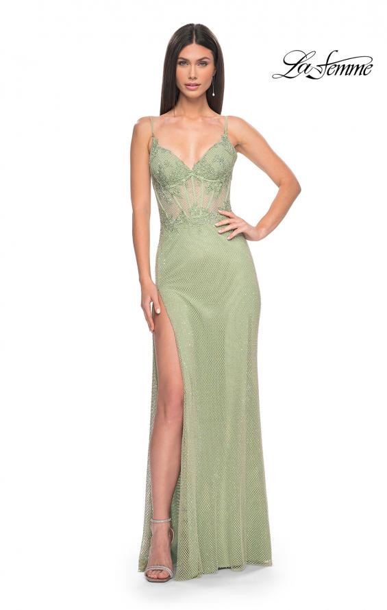 Picture of: Stunning Rhinestone Fishnet Dress with Lace Detail Bodice in Sage, Style: 32236, Detail Picture 6