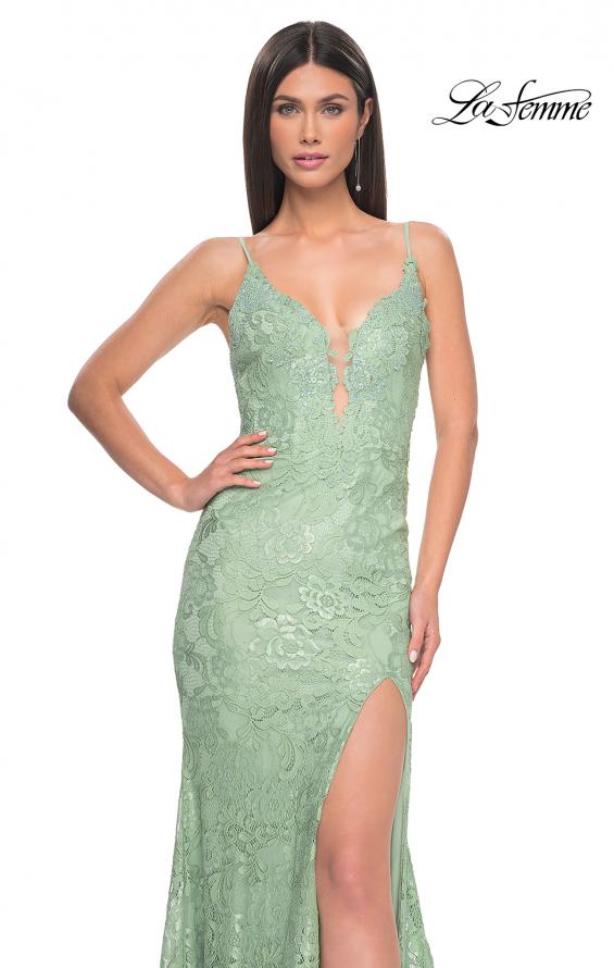Picture of: Lace Dress with Deep V-Neck and Rhinestones in Sage, Style: 31134, Detail Picture 7