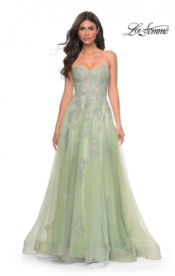 Picture of: Lace Up A-Line Dress with Ruched Bodice and Sweetheart Top in Green, Style: 32084, Detail Picture 7