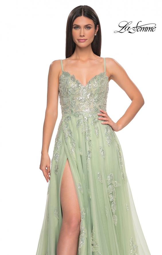 Picture of: Two Tone Tulle A-Line Prom Dress with Floral Beaded Detail in Sage, Style: 32090, Detail Picture 7