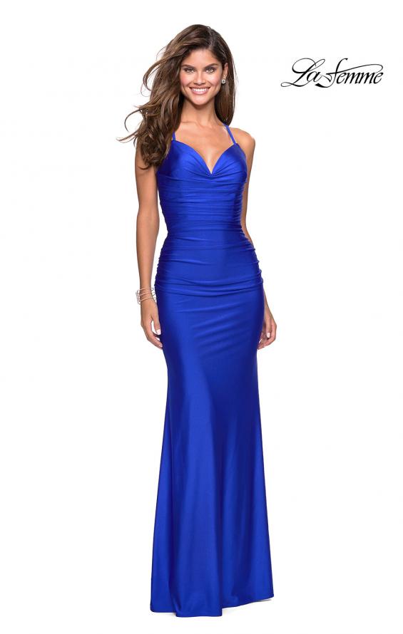 Picture of: Form Fitting Jersey Dress with Ruching and Strappy Back in Sapphire Blue, Style: 27501, Main Picture