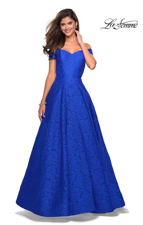 Picture of: Off the Shoulder Floor Length Dress with Rhinestones in Sapphire Blue, Style: 27556, Main Picture