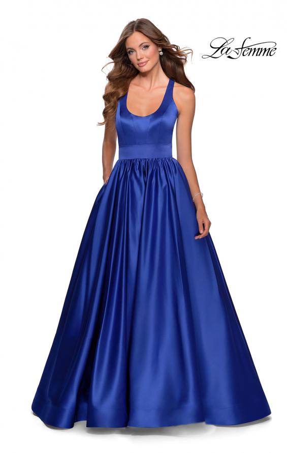 Picture of: Satin Ball Gown with Criss Cross Back and Pockets in Sapphire Blue, Style: 28281, Detail Picture 1