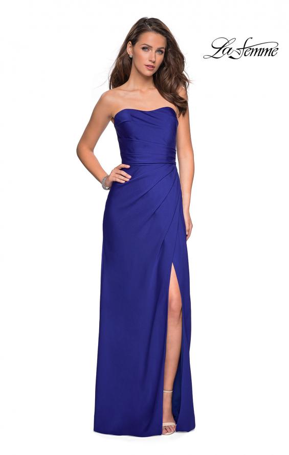 Picture of: Strapless Jersey Prom Dress with Ruching and Slit in Sapphire Blue, Style: 26794, Detail Picture 3