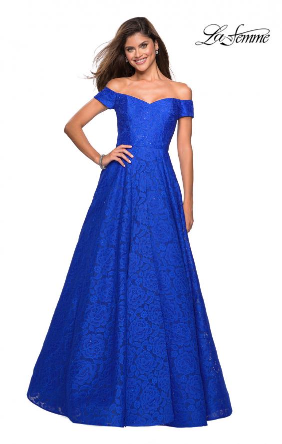 Picture of: Off the Shoulder Floor Length Dress with Rhinestones in Sapphire Blue, Style: 27556, Detail Picture 5
