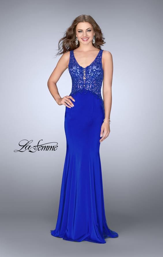Picture of: Embroidered Jersey Prom Dress with Train in Sapphire Blue, Style: 24788, Main Picture