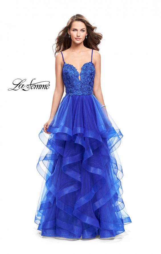 Picture of: Long Ball Gown with Tulle Skirt and Beaded Lace Bodice in Sapphire Blue, Style: 25857, Main Picture