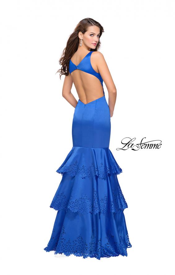 Picture of: Satin Prom Dress with Laser Cut Detail and Tulle Skirt in Sapphire Blue, Style: 25749, Back Picture