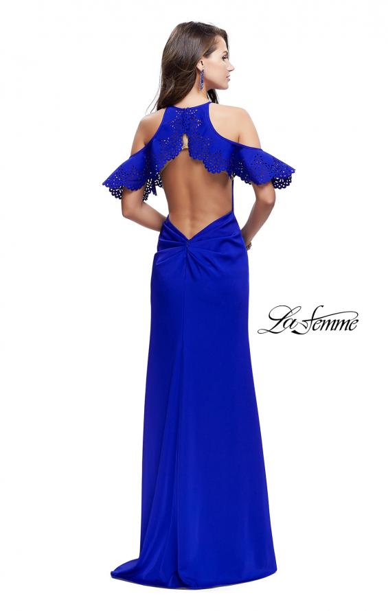 Picture of: Long Jersey Prom Dress with Laser Cut Outs and Ruffles in Sapphire Blue, Style: 25981, Back Picture