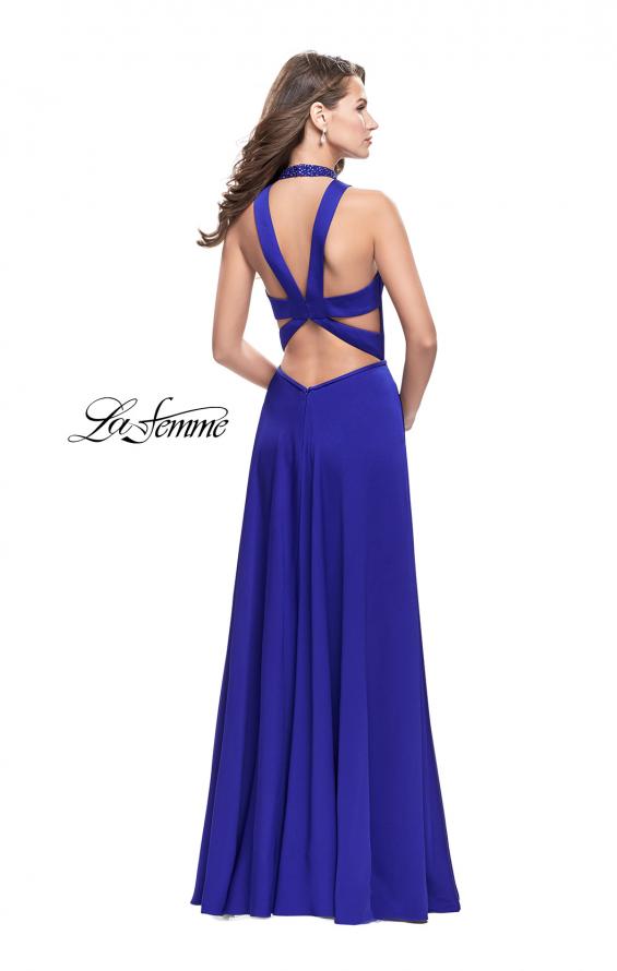 Picture of: Long Satin Prom Dress with Pockets and Beaded Choker in Sapphire Blue, Style: 26154, Back Picture