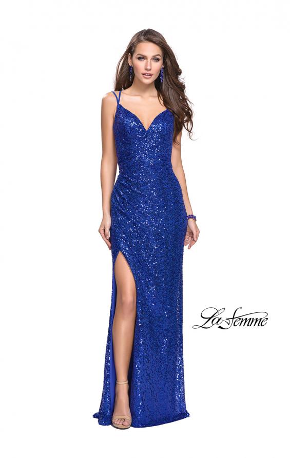 Picture of: Long Sequin Prom Dress with Side Ruching in Sapphire Blue, Style: 25492, Detail Picture 1