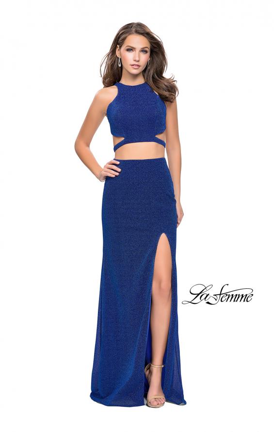Picture of: Glittering Two Piece Jersey Prom Dress with Side Leg Slit in Sapphire Blue, Style: 25572, Detail Picture 1