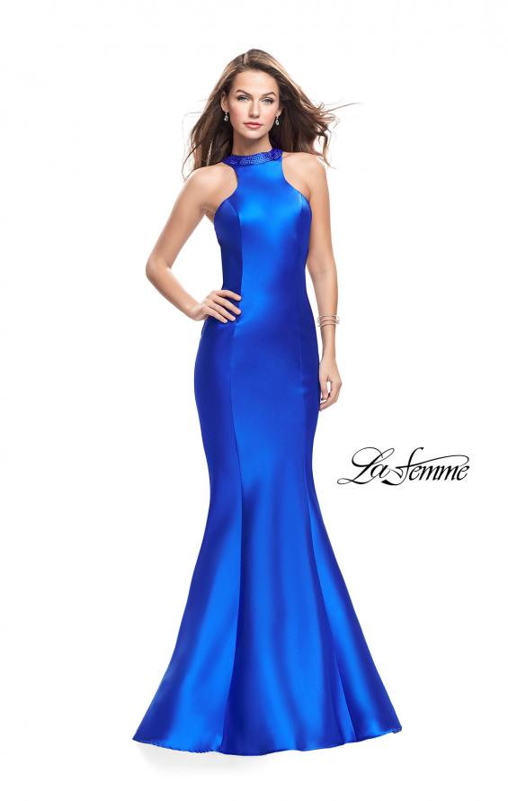 Picture of: Mikado Mermaid Dress with Embellished High Neckline in Sapphire Blue, Style: 25838, Detail Picture 1