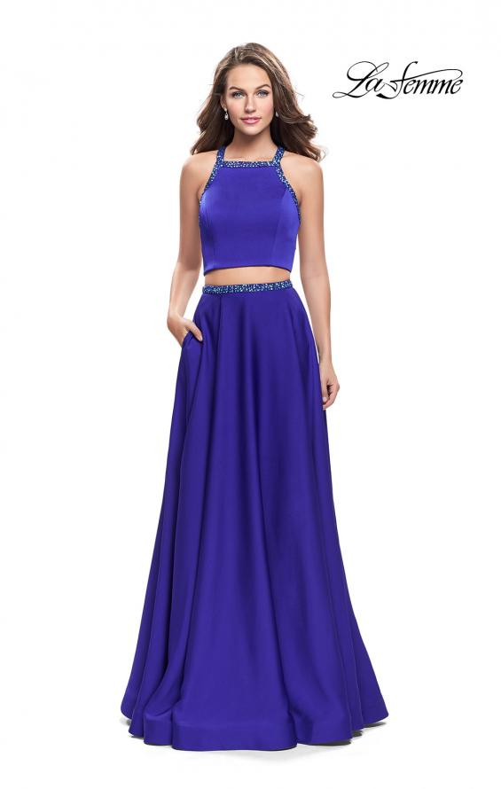 Picture of: Satin Two Piece Prom Dress with Beaded Trim in Sapphire Blue, Style: 25978, Detail Picture 1