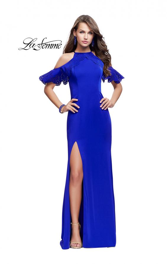Picture of: Long Jersey Prom Dress with Laser Cut Outs and Ruffles in Sapphire Blue, Style: 25981, Detail Picture 1
