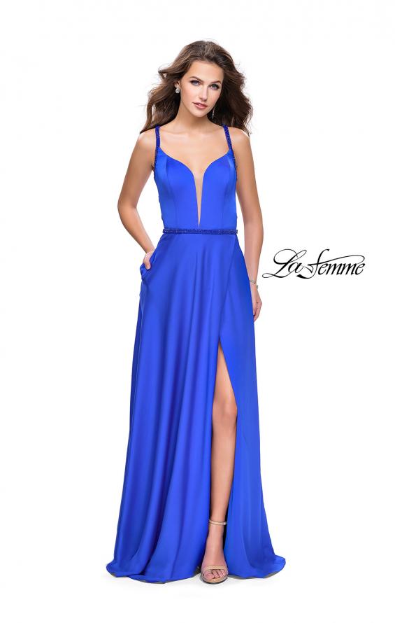 Picture of: A-line Satin Prom Dress with Wrap Side Leg Slit in Sapphire Blue, Style: 26329, Detail Picture 1