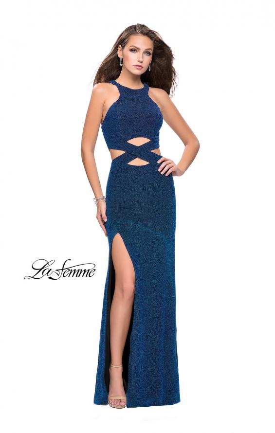 Picture of: Long Jersey Prom Dress with Cut Outs and Low Scoop Back in Sapphire Blue, Style: 25422, Detail Picture 2