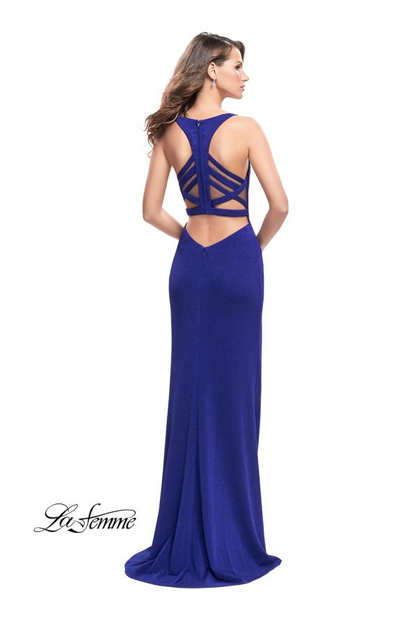 Picture of: Long Jersey Prom Dress with Caged Strappy Open Back in Sapphire Blue, Style: 25720, Detail Picture 3
