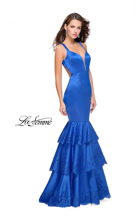 Picture of: Satin Prom Dress with Laser Cut Detail and Tulle Skirt in Sapphire Blue, Style: 25749, Detail Picture 3