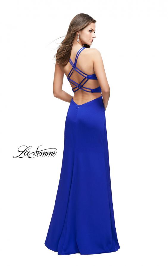 Picture of: Form Fitting Satin Gown with Side Cut Outs and V Neckline in Sapphire Blue, Style: 25853, Detail Picture 2