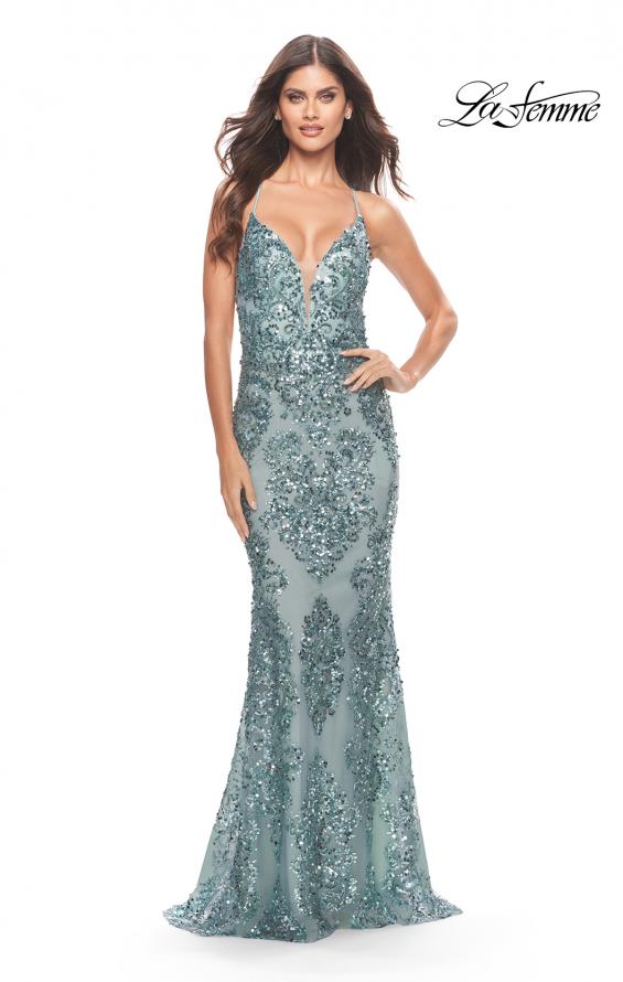 Picture of: Stunning Print Sequin Prom Dress with Open Back in Sea Mist, Style: 31546, Main Picture