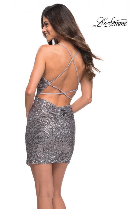 Picture of: Sequin Dress with Halter Style Top and Slit in Silver, Back Picture