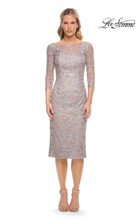 Picture of: Fitted Lace Short Dress with Illusion Sleeves in Silver, Style: 30036, Main Picture