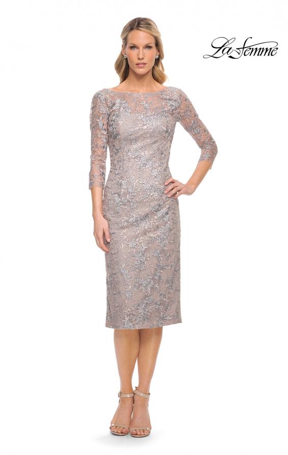 Picture of: Fitted Lace Short Dress with Illusion Sleeves in Silver, Style: 30036, Detail Picture 1