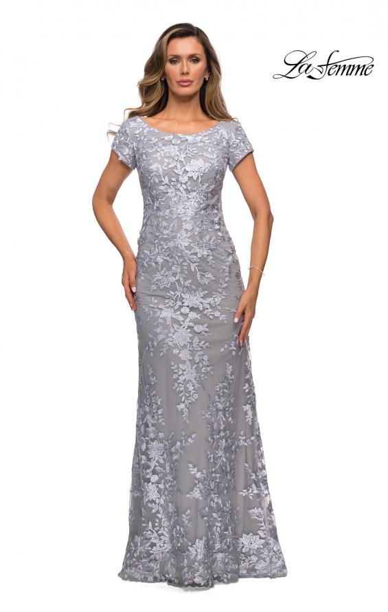 Picture of: Long Three Quarter Sleeve Floral Lace Evening Gown in Silver, Style: 27842, Main Picture